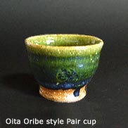 Oita Kawarauchi Oribe style Pair cup Miran-gama(kiln) Kacho Kawarabata 2007